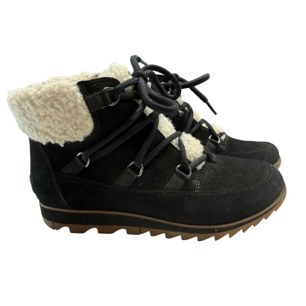 Sorel Womens Harlow Lace Cozy Ankle Bootie Black Cream Faux Fur Suede Shoes Sz 8